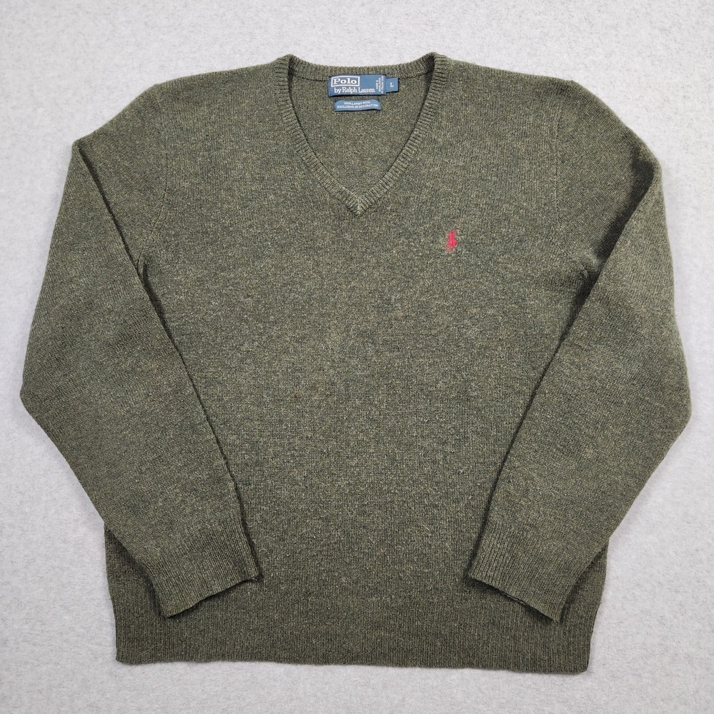 Polo Ralph Lauren Sweater Mens Large Green Lambswool V Neck Knit Pullover Pony